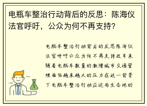 电瓶车整治行动背后的反思：陈海仪法官呼吁，公众为何不再支持？
