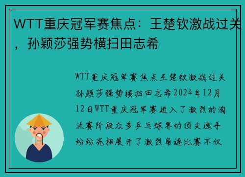 WTT重庆冠军赛焦点：王楚钦激战过关，孙颖莎强势横扫田志希