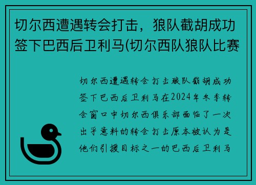 切尔西遭遇转会打击，狼队截胡成功签下巴西后卫利马(切尔西队狼队比赛结果)