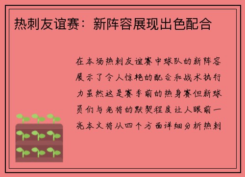 热刺友谊赛：新阵容展现出色配合