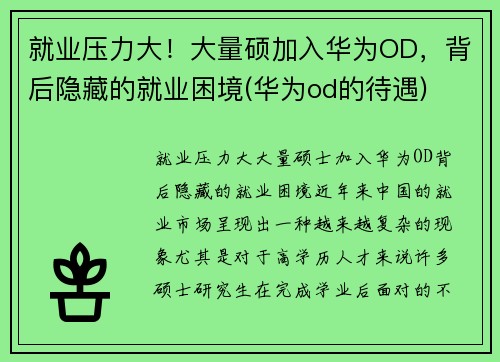 就业压力大！大量硕加入华为OD，背后隐藏的就业困境(华为od的待遇)