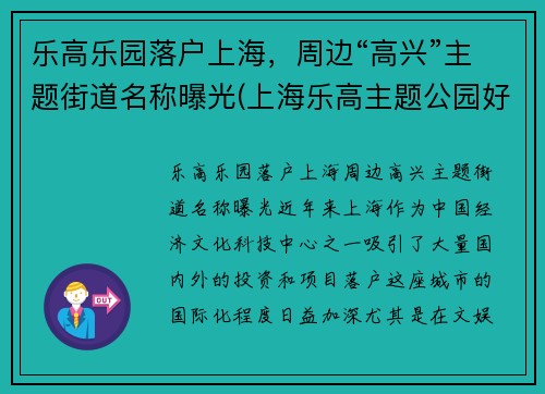 乐高乐园落户上海，周边“高兴”主题街道名称曝光(上海乐高主题公园好玩吗)